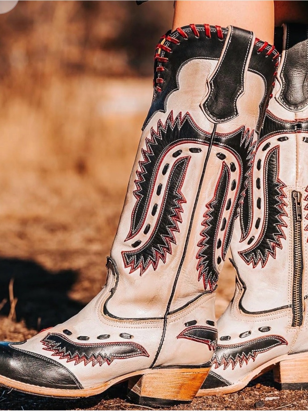Women's Cream and Black red Western  wood stacked Heeled Boots